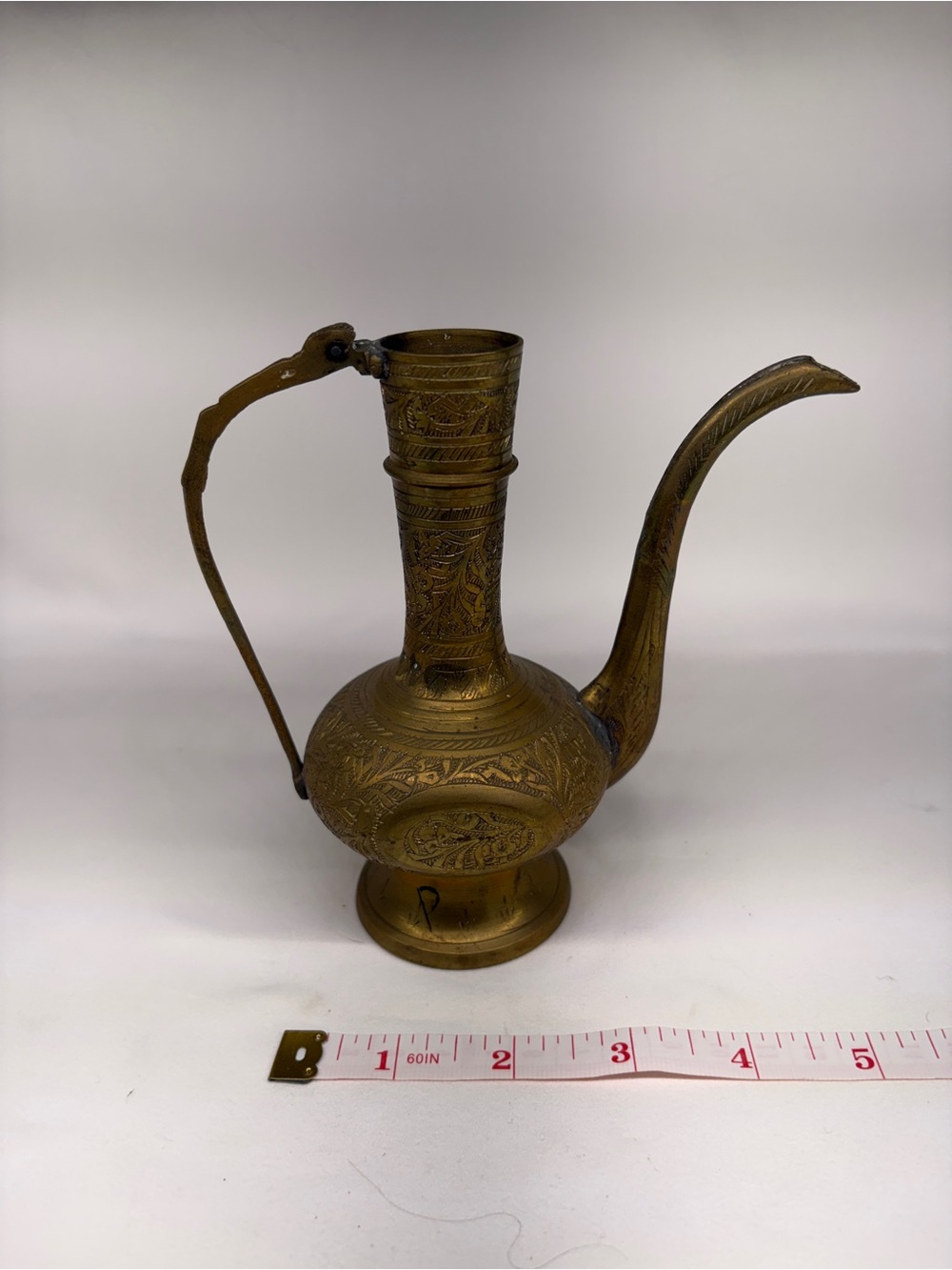 Vintage Etched Brass Aftaba Ewer Pitcher Coffee Teapot Boho Decor India
